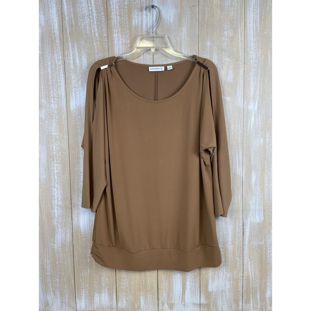 Susan Graver Size L Liquid Knit Long Soft Brown Split Sleeve Tunic Top